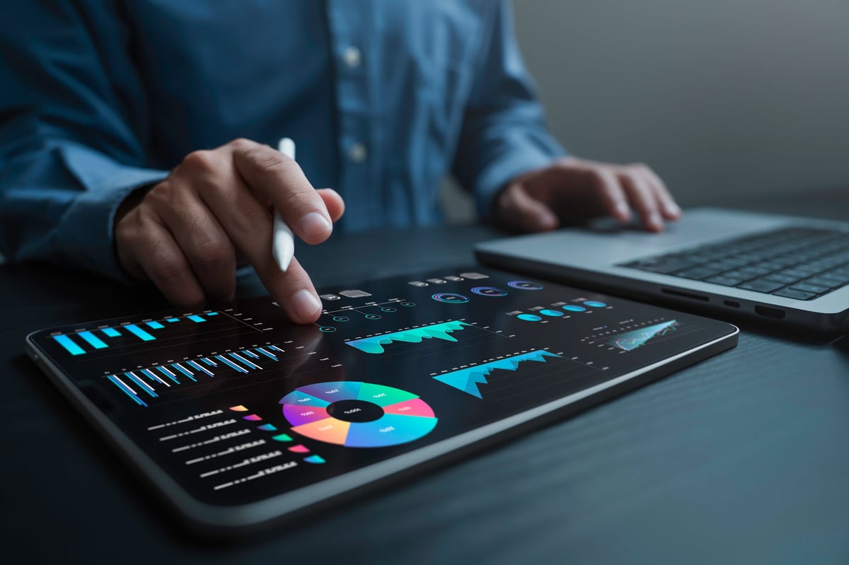 Analyst using a computer and dashboard for data business analysis and management system with KPI and metrics