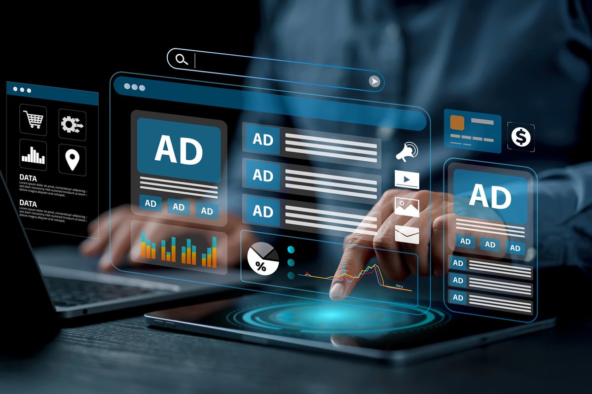 Digital marketing professional analyzing ad performance dashboard with data and charts