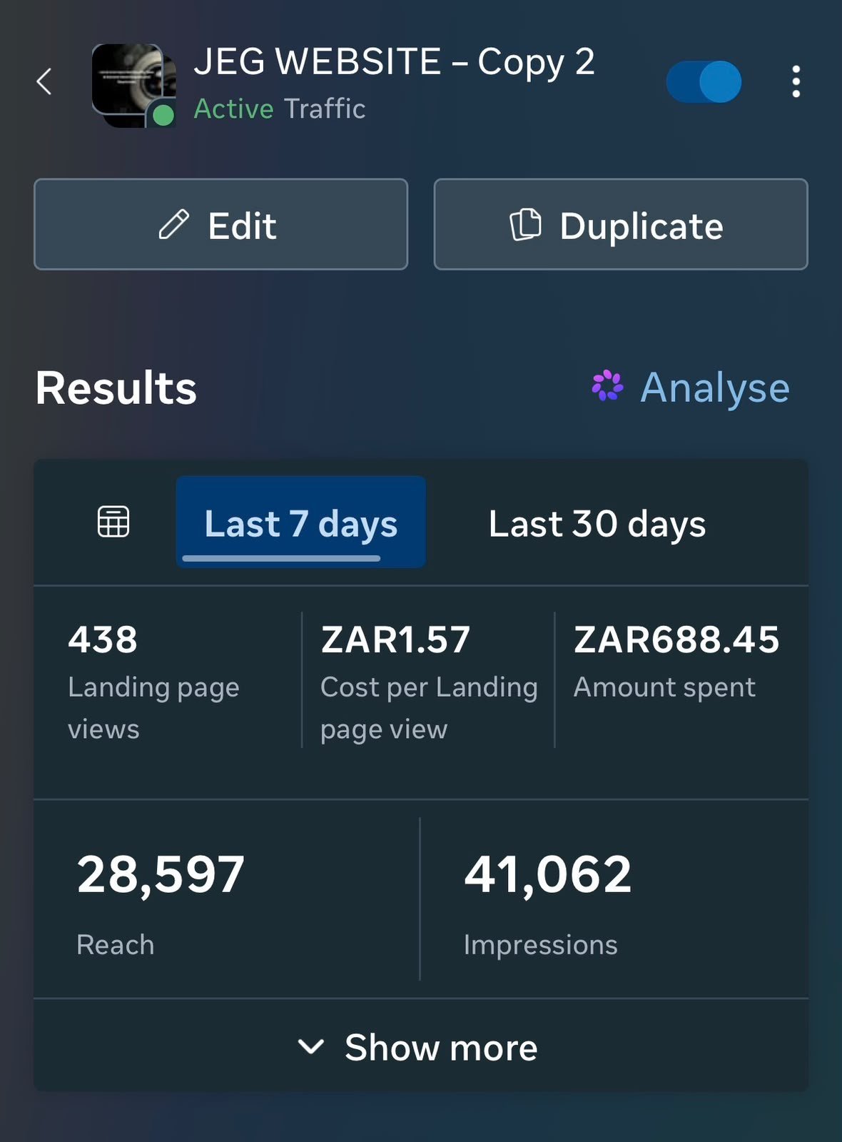 Analytics dashboard for JEG Website showing 7-day campaign metrics including 438 landing page views, 28,597 reach, and 41,062 impressions