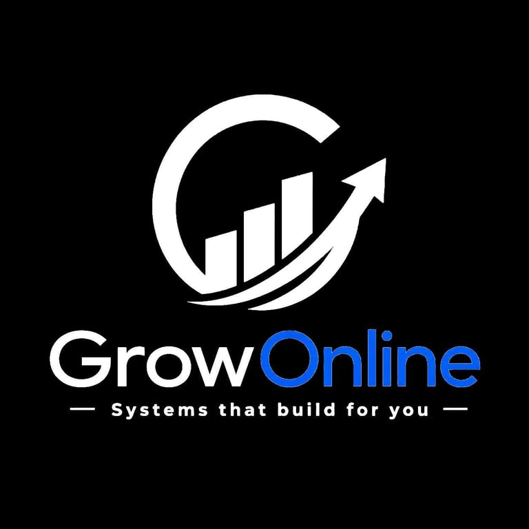 GrowOnline logo with upward arrow, bar chart, and tagline Systems that build for you