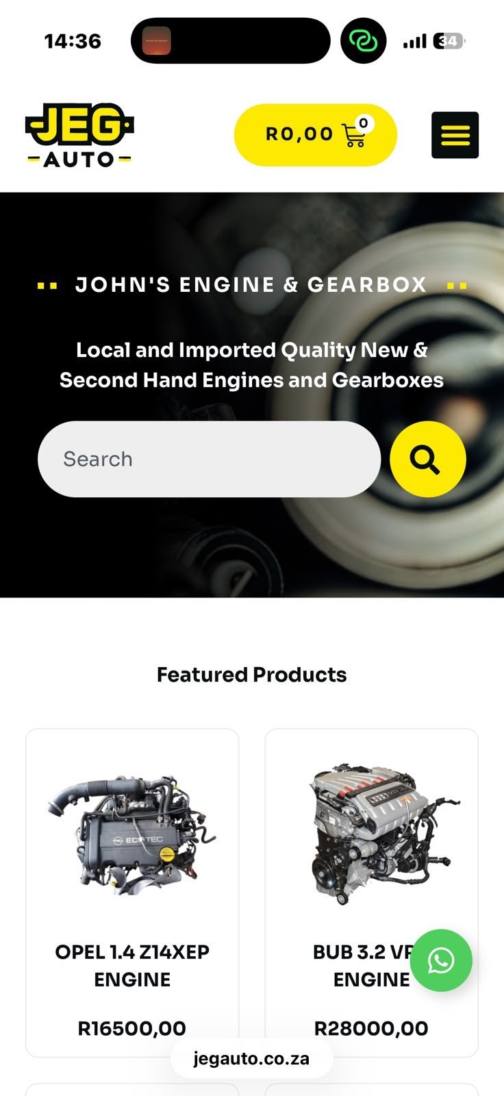 JEG Auto mobile app homepage showing featured engines: Opel 1.4 Z14XEP for R16500 and BUB 3.2 VF for R28000